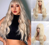 Yeknu Long Natural Wavy Platinum Blonde Wigs with Bangs Cosplay Party Lolita Synthetic Wigs for Women Heat Resistant Fiber