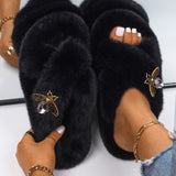 Yeknu Women&#39;s Slippers Fluffy Faux Fur Rhinestone Letter M Decor Slides Flat Sandals Cute Slippers Flip Flops Luxury Shoes Wholesale