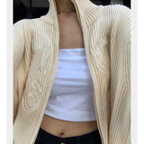 Yeknu Women zipper Beige Knitted Ribbed Cardigan Long Sleeve Sweater Autumn Winter Knitted LooseJumper Casual