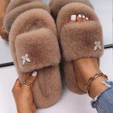 Yeknu Women&#39;s Slippers Fluffy Faux Fur Rhinestone Letter M Decor Slides Flat Sandals Cute Slippers Flip Flops Luxury Shoes Wholesale