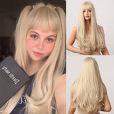 Yeknu Long Natural Wavy Platinum Blonde Wigs with Bangs Cosplay Party Lolita Synthetic Wigs for Women Heat Resistant Fiber