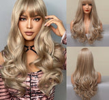 Yeknu Long Natural Wavy Platinum Blonde Wigs with Bangs Cosplay Party Lolita Synthetic Wigs for Women Heat Resistant Fiber