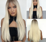 Yeknu Long Natural Wavy Platinum Blonde Wigs with Bangs Cosplay Party Lolita Synthetic Wigs for Women Heat Resistant Fiber