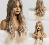 Yeknu Long Natural Wavy Platinum Blonde Wigs with Bangs Cosplay Party Lolita Synthetic Wigs for Women Heat Resistant Fiber