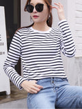 Yeknu Women&#39;s Spring Long Sleeve T Shirt O-Neck Striped 95% Cotton Tops Casual T-Shirts Women Tees Blusa