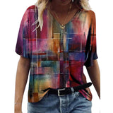 Yeknu Abstract Painting Printed T-shirts Women&#39;s Harajuku T-shirts Short Sleeve V-Neck T-shirt Summer Ladies Casual Loose Tee Tops