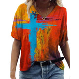 Yeknu Abstract Painting Printed T-shirts Women&#39;s Harajuku T-shirts Short Sleeve V-Neck T-shirt Summer Ladies Casual Loose Tee Tops