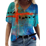 Yeknu Abstract Painting Printed T-shirts Women&#39;s Harajuku T-shirts Short Sleeve V-Neck T-shirt Summer Ladies Casual Loose Tee Tops