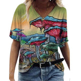 Yeknu Abstract Painting Printed T-shirts Women&#39;s Harajuku T-shirts Short Sleeve V-Neck T-shirt Summer Ladies Casual Loose Tee Tops