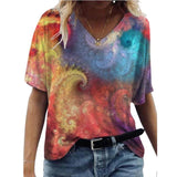 Yeknu Abstract Painting Printed T-shirts Women&#39;s Harajuku T-shirts Short Sleeve V-Neck T-shirt Summer Ladies Casual Loose Tee Tops