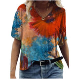 Yeknu Abstract Painting Printed T-shirts Women&#39;s Harajuku T-shirts Short Sleeve V-Neck T-shirt Summer Ladies Casual Loose Tee Tops