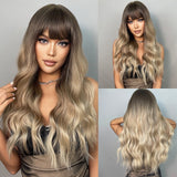 Yeknu Long Dark Brown Women&#39;s Wigs with Bangs Water Wave Heat Resistant Synthetic Wigs for Women African American Hair Wig