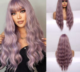 Yeknu Long Dark Brown Women&#39;s Wigs with Bangs Water Wave Heat Resistant Synthetic Wigs for Women African American Hair Wig