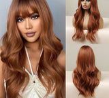 Yeknu Long Dark Brown Women&#39;s Wigs with Bangs Water Wave Heat Resistant Synthetic Wigs for Women African American Hair Wig