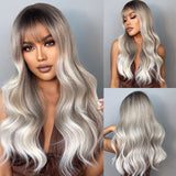 Yeknu Long Dark Brown Women&#39;s Wigs with Bangs Water Wave Heat Resistant Synthetic Wigs for Women African American Hair Wig