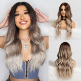 Yeknu Long Dark Brown Women&#39;s Wigs with Bangs Water Wave Heat Resistant Synthetic Wigs for Women African American Hair Wig