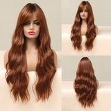 Yeknu Long Dark Brown Women&#39;s Wigs with Bangs Water Wave Heat Resistant Synthetic Wigs for Women African American Hair Wig