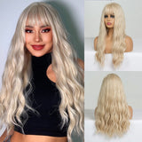 Yeknu Long Dark Brown Women&#39;s Wigs with Bangs Water Wave Heat Resistant Synthetic Wigs for Women African American Hair Wig