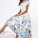 Yeknu Spring Summer Midi Dresses Women Party Elegant Slim Short Sleeves Floral Print Long Dress Casual Vestidos Beach Dress