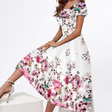 Yeknu Spring Summer Midi Dresses Women Party Elegant Slim Short Sleeves Floral Print Long Dress Casual Vestidos Beach Dress