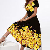 Yeknu Spring Summer Midi Dresses Women Party Elegant Slim Short Sleeves Floral Print Long Dress Casual Vestidos Beach Dress