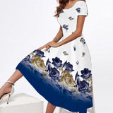 Yeknu Spring Summer Midi Dresses Women Party Elegant Slim Short Sleeves Floral Print Long Dress Casual Vestidos Beach Dress