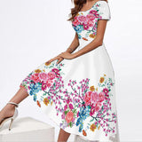 Yeknu Spring Summer Midi Dresses Women Party Elegant Slim Short Sleeves Floral Print Long Dress Casual Vestidos Beach Dress