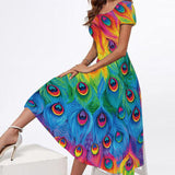 Yeknu Spring Summer Midi Dresses Women Party Elegant Slim Short Sleeves Floral Print Long Dress Casual Vestidos Beach Dress