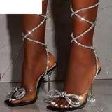 Yeknu Summer New Strappy Thigh High Sandals Sexy Over The Knee High Heels Women Shoes Fashion Crystal Bow Party Pumps Lady Slides